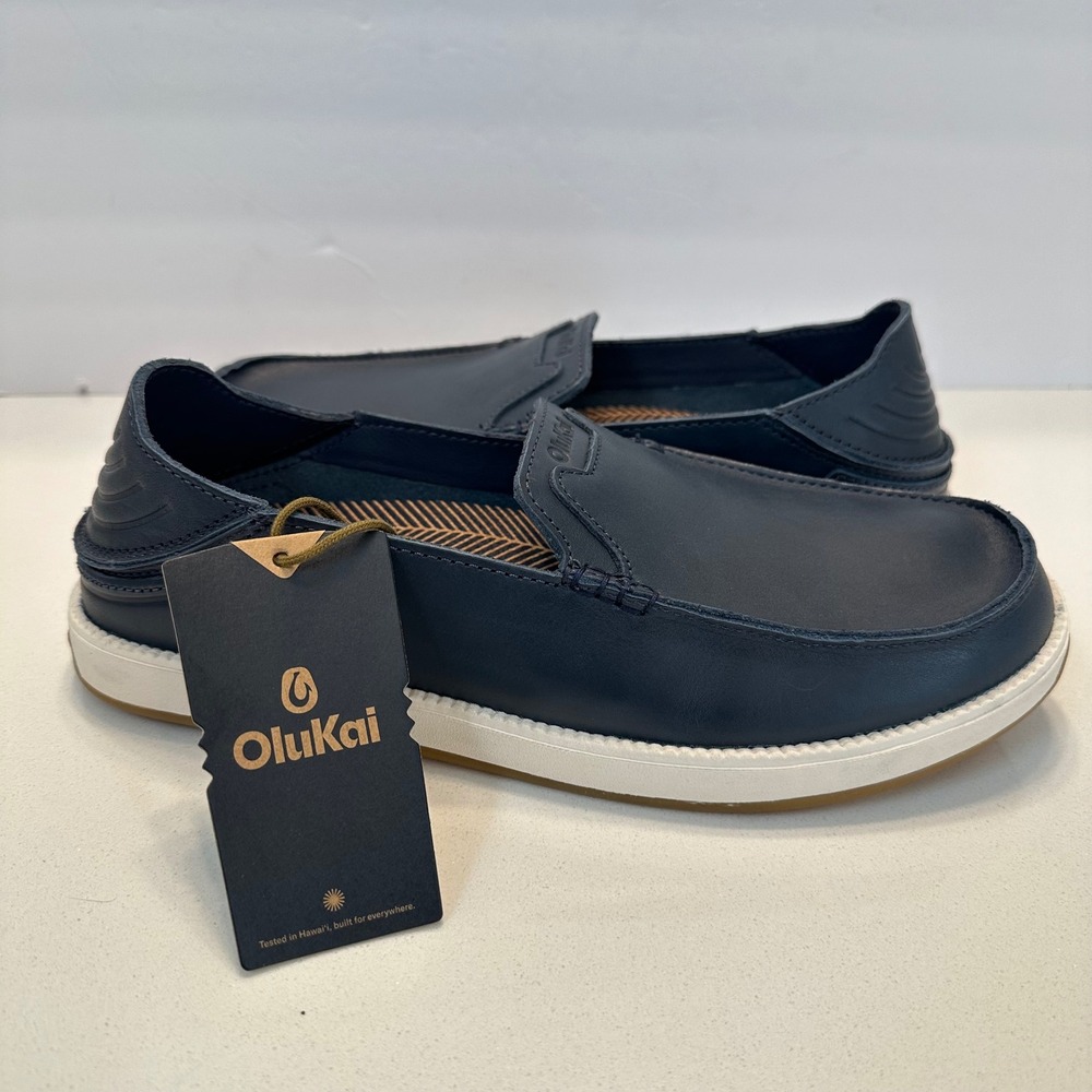 OluKai Kakaha Nia Mens Mood Indigo Leather Slip On Shoes 10557-ZNZN Size 10 NEW